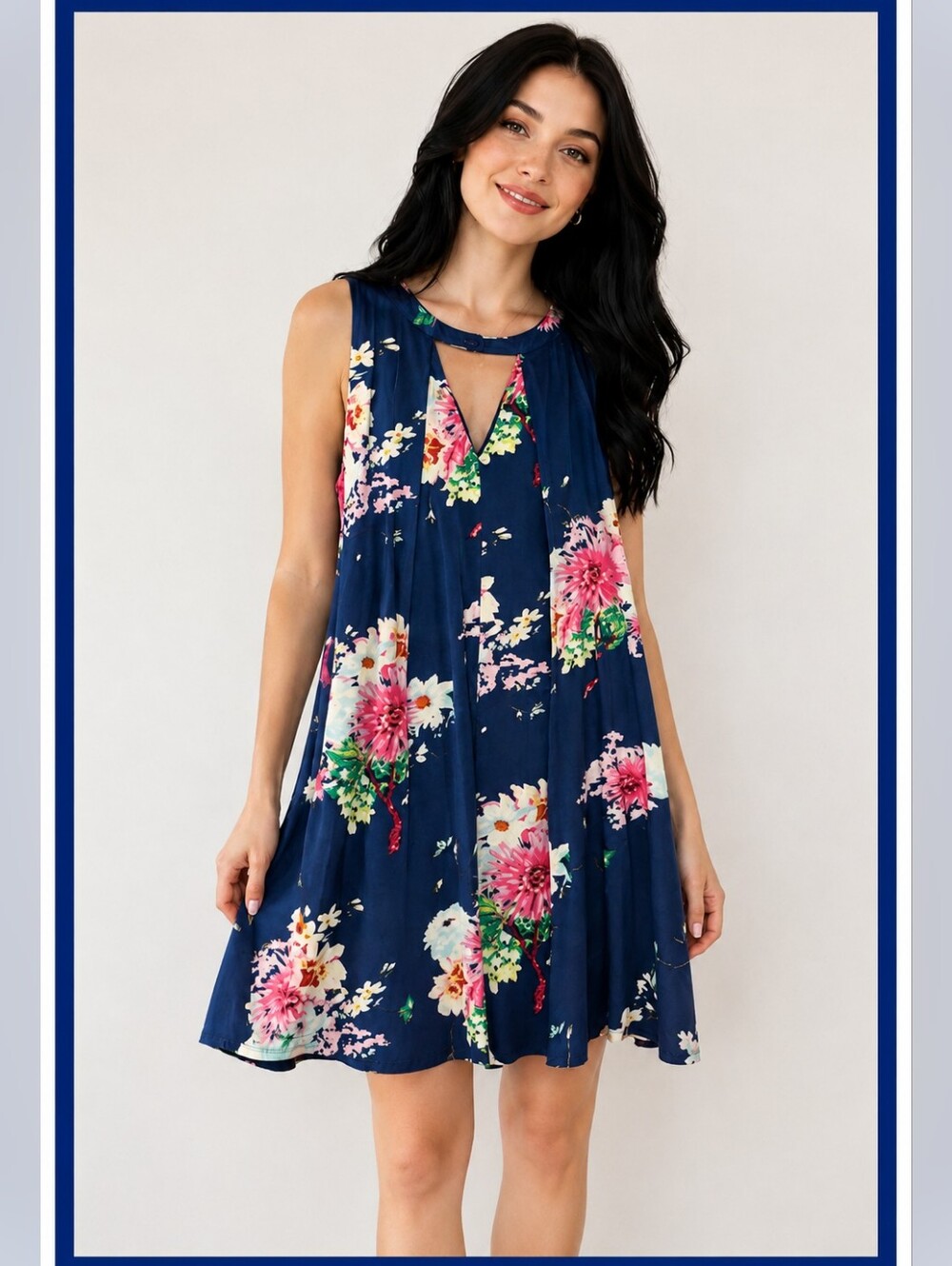 DAVI & DANI Navy Floral Keyhole Swing Dress